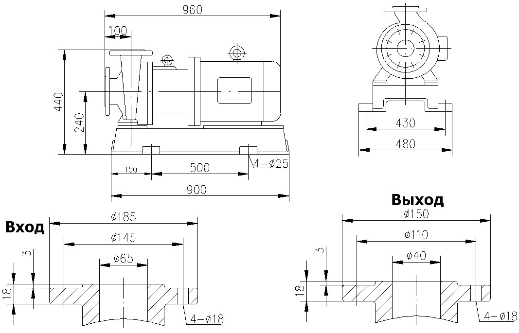 Габаритный чертеж модели CQB 65-40-200-Nd-PPS-110