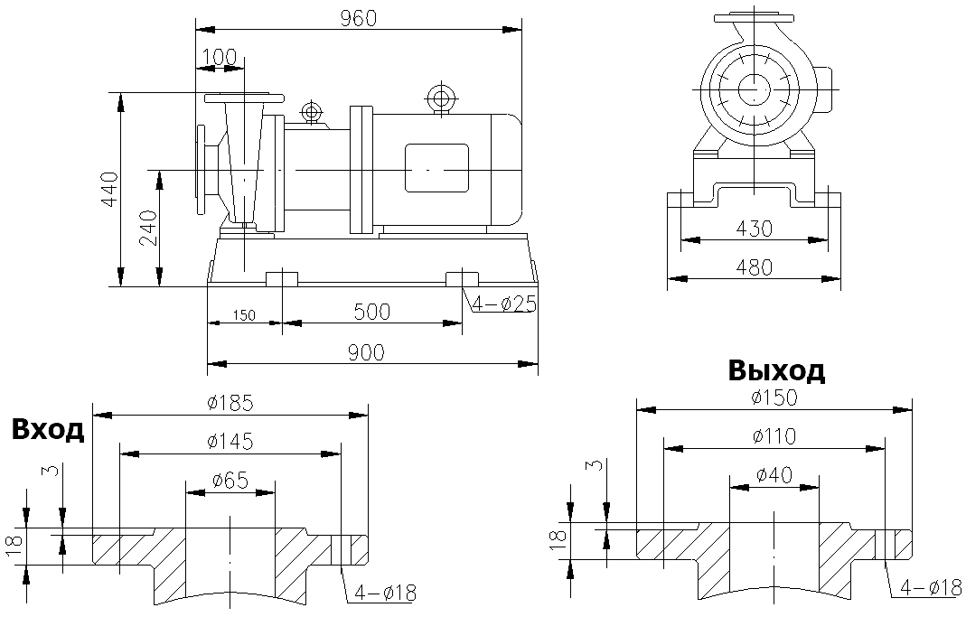 Габаритный чертеж модели CQB 65-40-200-Nd-PPS-150