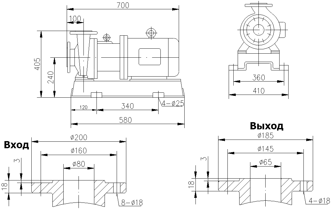 Габаритный чертеж модели CQB 80-65-125-Nd-PPS-075
