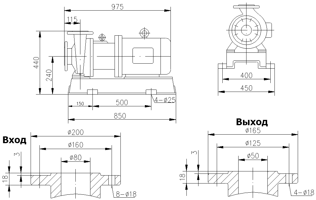 Габаритный чертеж модели CQB 80-50-200-Nd-PPS-185