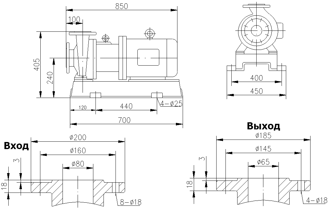 Габаритный чертеж модели CQB 80-65-125-Nd-PPS-110
