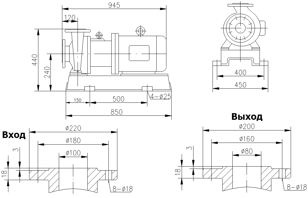 Габаритный чертеж модели CQB 100-80-125-Nd-PPS-110