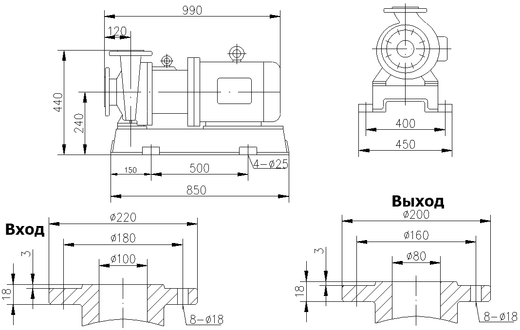 Габаритный чертеж модели CQB 100-80-125-Nd-PPS-185