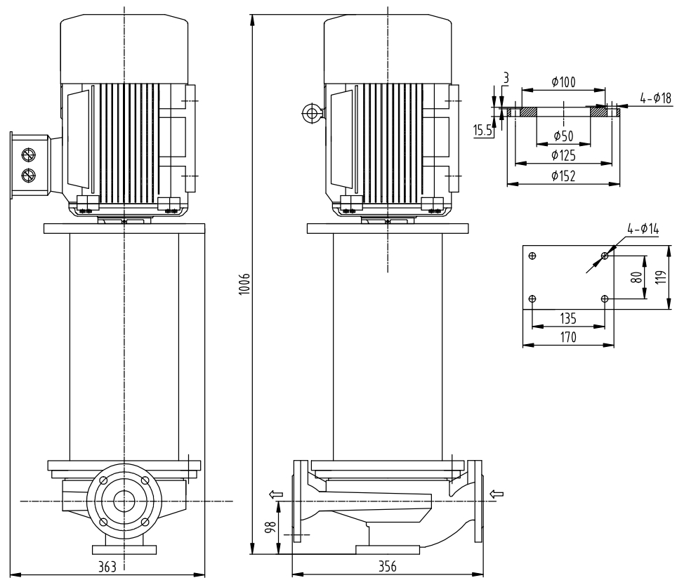 Габаритный чертеж насоса ZY Technology LQLRY 50-50-210 