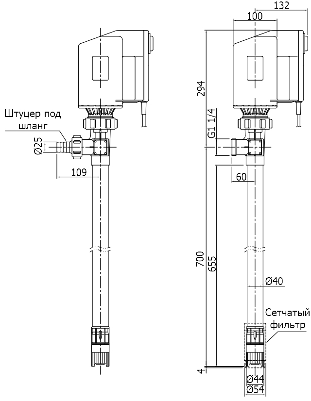 Габаритный чертеж модели Cheonsu DR-PLS-07-U4S с электродвигателем
