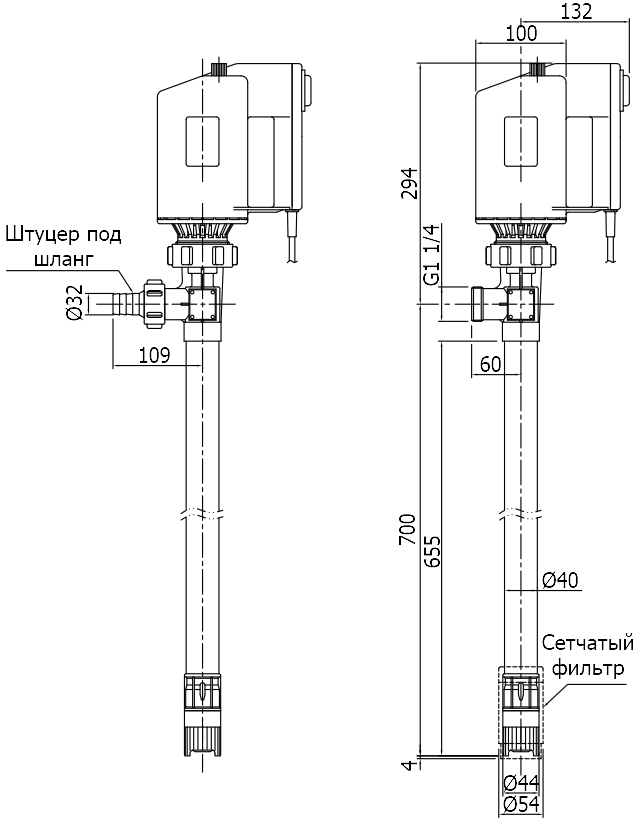 Габаритный чертеж модели Cheonsu DR-FLH-07-U4B с электродвигателем