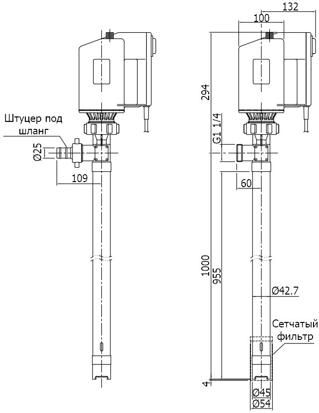 Габаритный чертеж модели Cheonsu DR-SHS-10-U4B с электродвигателем