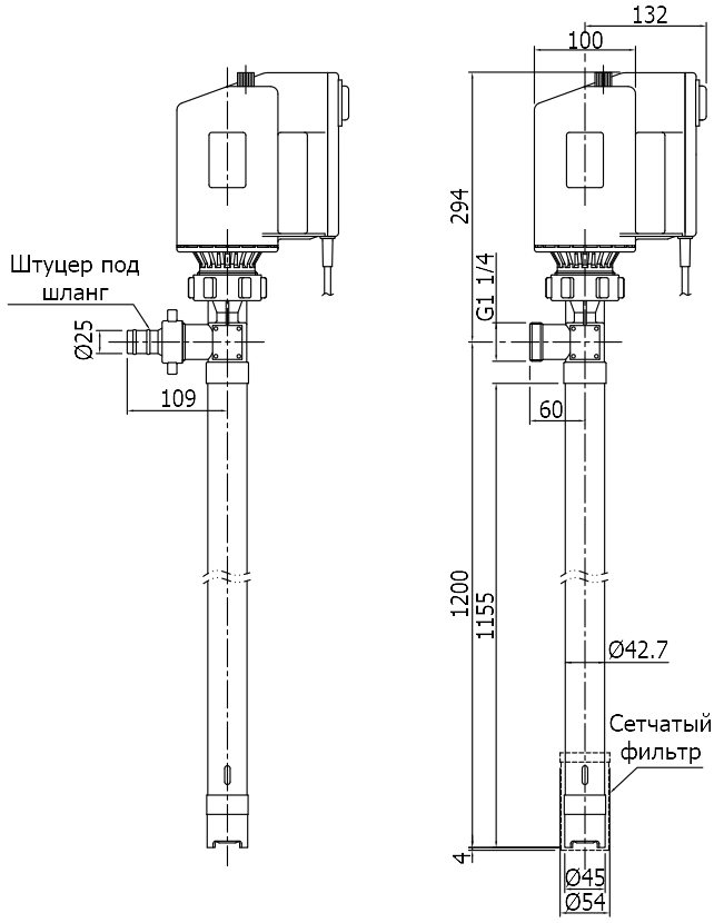 Габаритный чертеж модели Cheonsu DR-SLS-12-U4B с электродвигателем