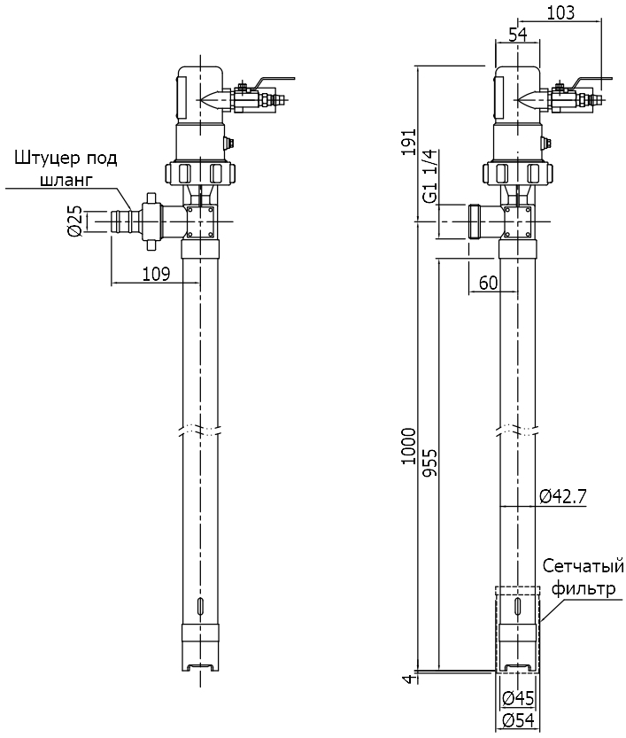 Габаритный чертеж модели Cheonsu DR-SLS-10-A4 с пневмодвигателем
