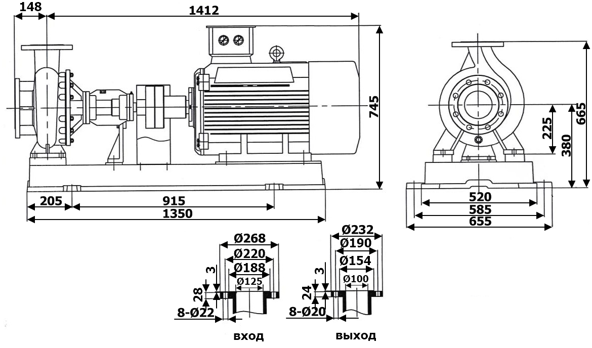 Габаритный чертеж модели LQRY 125-100-250/2-C