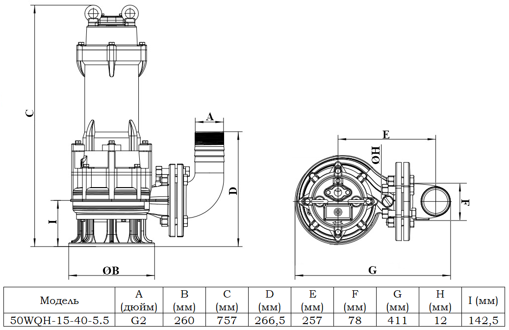 Габаритный чертеж модели 50WQH-15-40-5.5