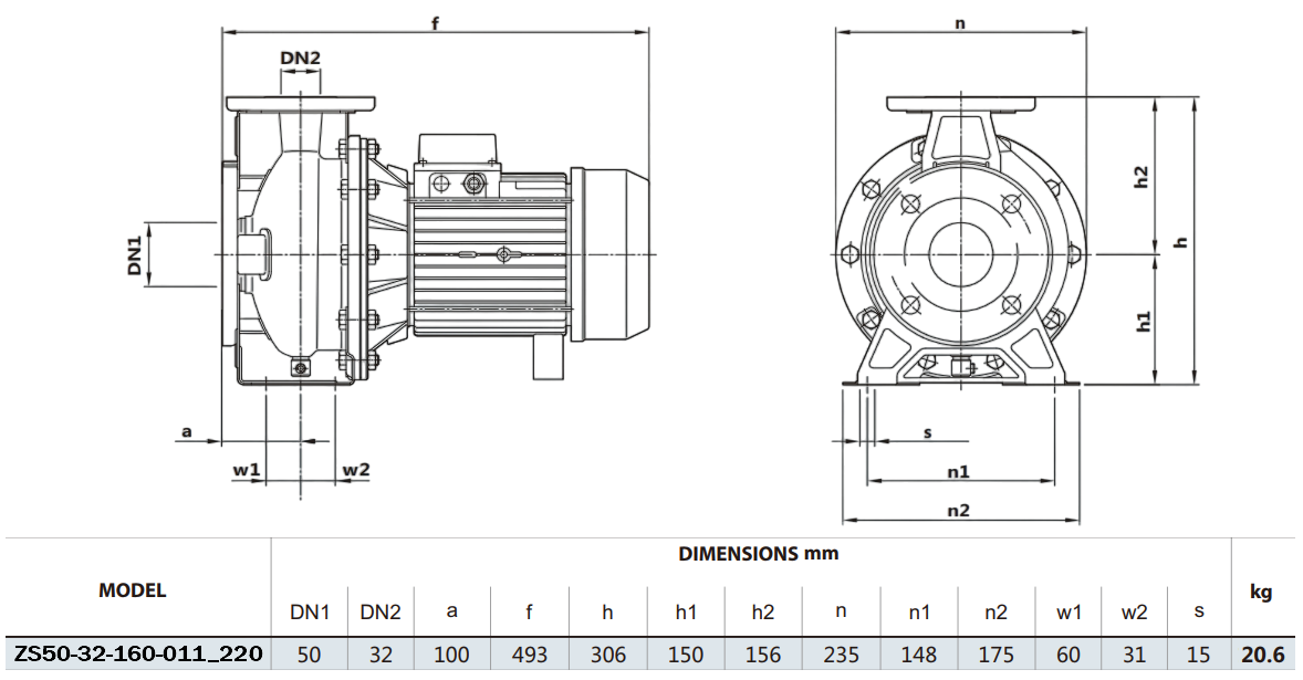 Габаритный чертеж модели Zenova ZS50-32-160-011_220