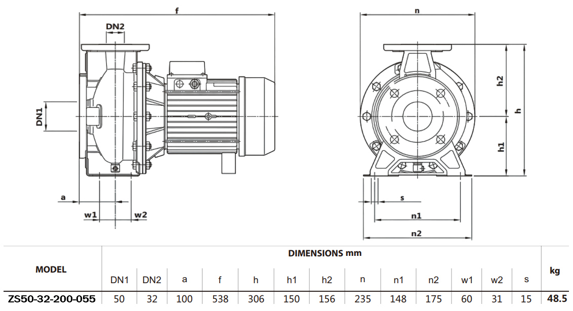 Габаритный чертеж модели Zenova ZS50-32-200-055