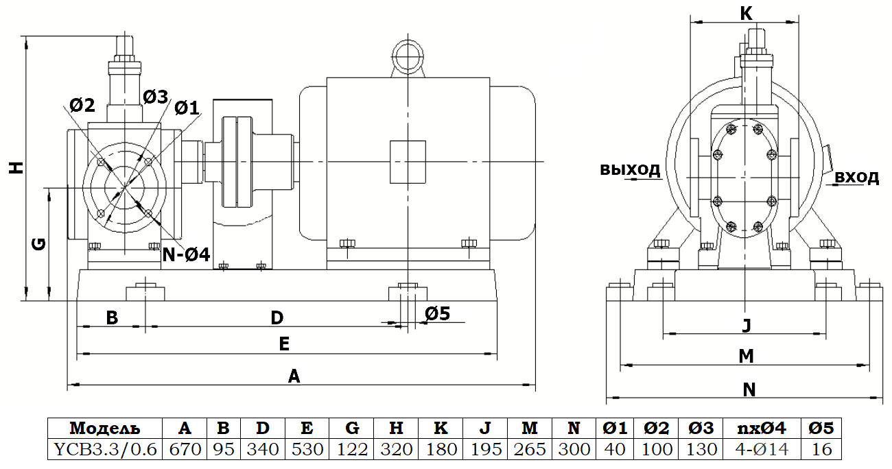 Габаритный чертеж насоса YCB3.3/0.6