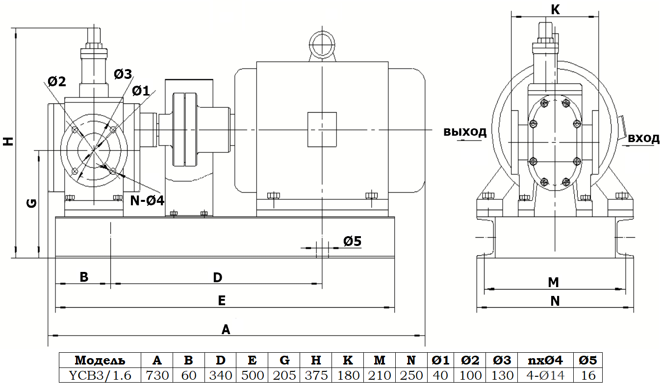 Габаритный чертеж насоса YCB3,3/1.6