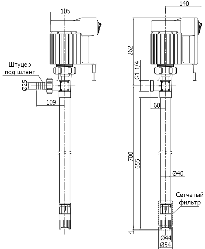 Габаритный чертеж модели Cheonsu DR-PLS-07-U5S с электродвигателем