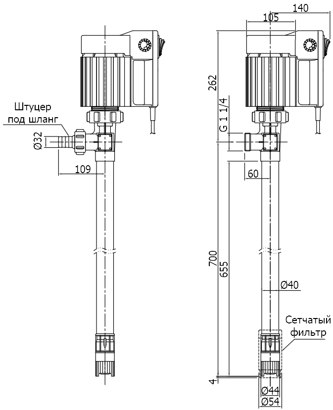 Габаритный чертеж модели Cheonsu DR-FLH-07-U5B с электродвигателем