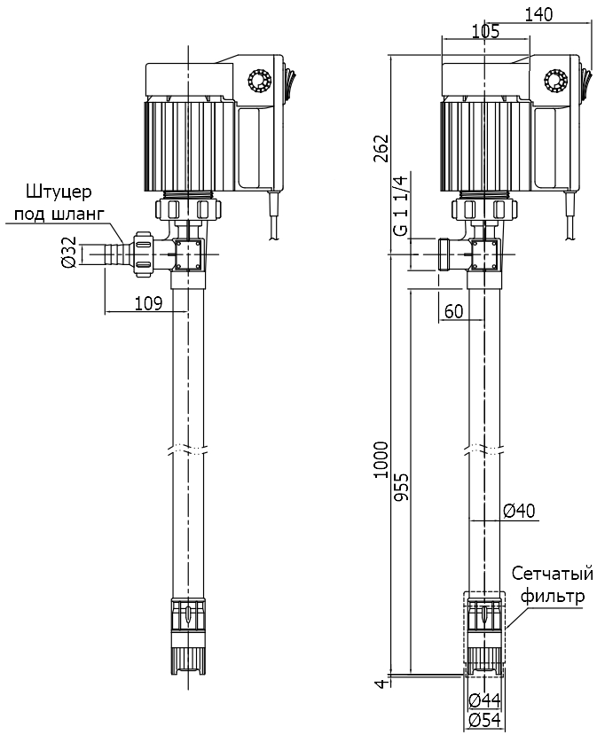 Габаритный чертеж модели Cheonsu DR-FLH-10-U5B с электродвигателем