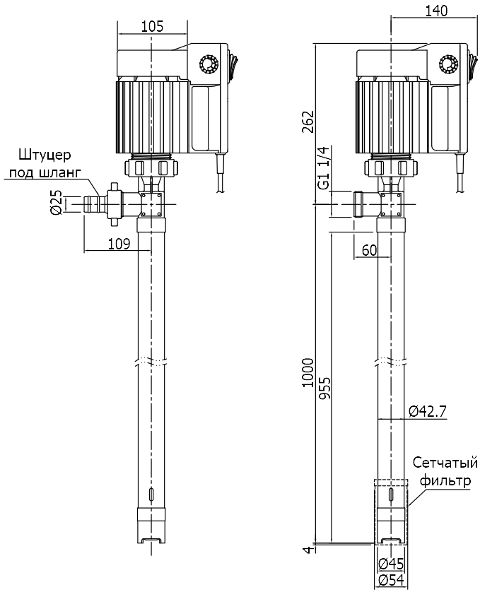 Габаритный чертеж модели Cheonsu DR-SLS-10-U5B с электродвигателем