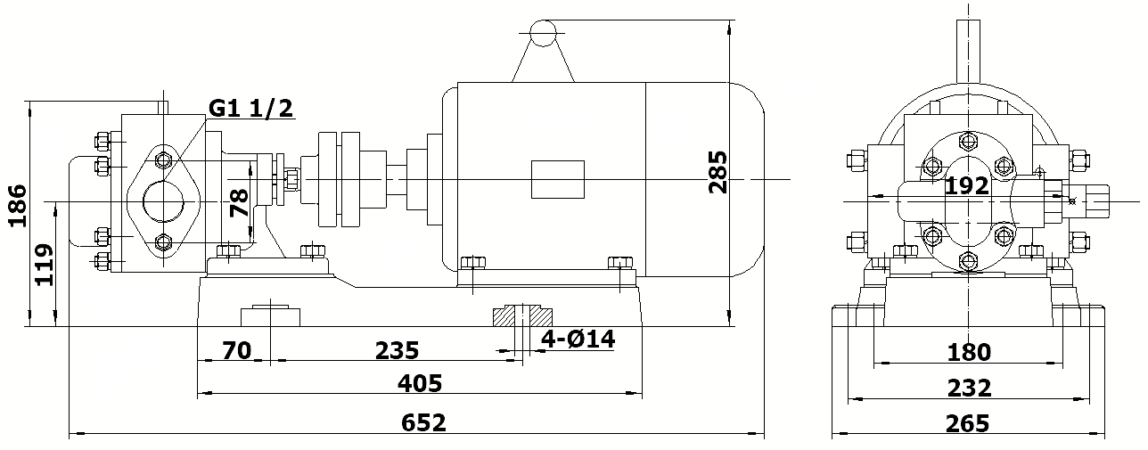 Габаритный чертеж насоса KCB-A 83.3-CCM/0.5/4/C с рубашкой обогрева