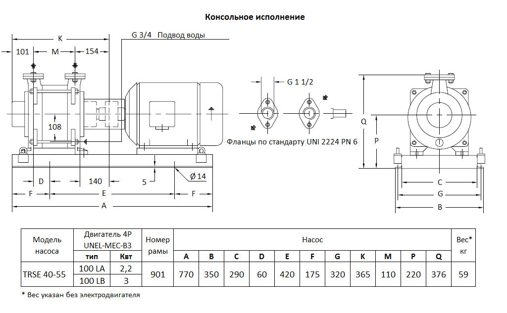 Габаритный чертеж вакуумного насоса Pompetravaini TRSE 40-55* F