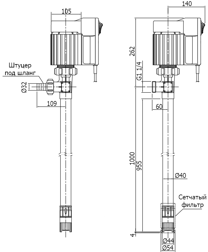 Габаритный чертеж модели Cheonsu DR-FLH-10-U5S с электродвигателем