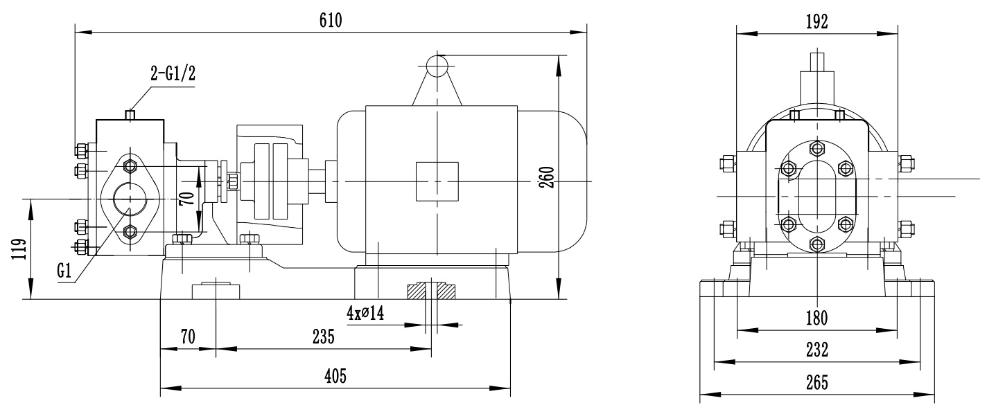 Габаритный чертеж насоса KCB-A 55-CCM/0.5/4/C с рубашкой обогрева