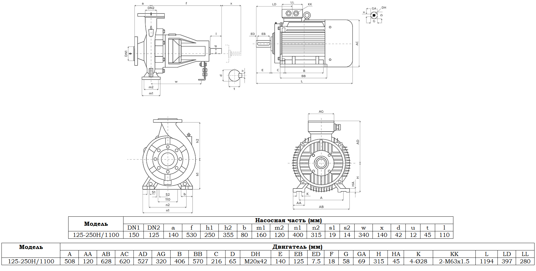 Габаритный чертеж модели Zenova SENSA 125-250H/1100