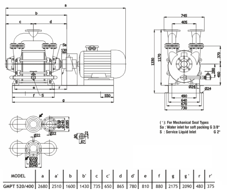 Габаритный чертеж насоса Ангара GMPT 520/400