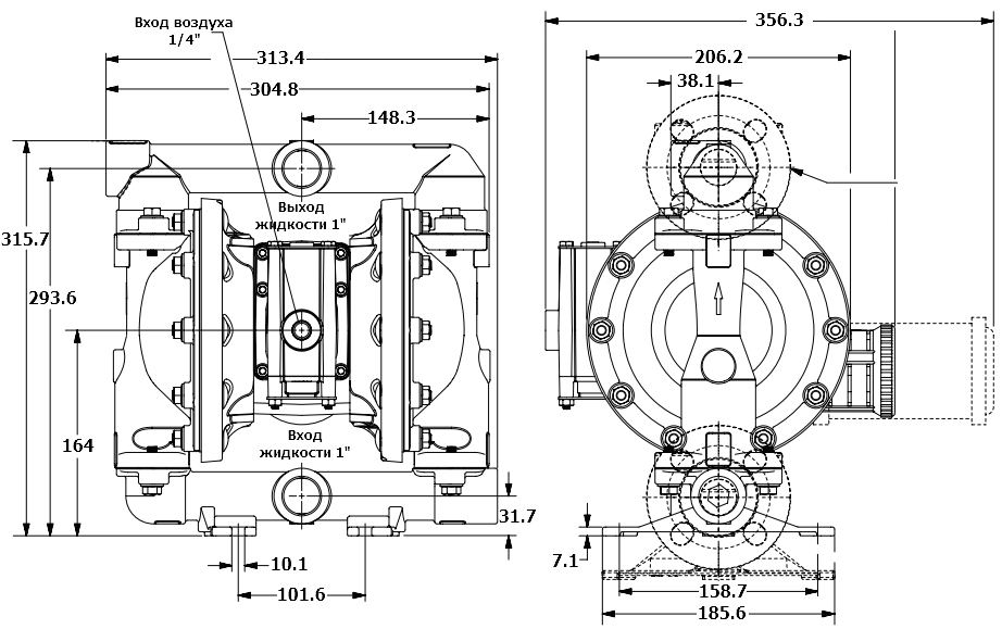 Габаритный чертеж модели Zenova Pneumatic ADP-PD10A-BSS-STT