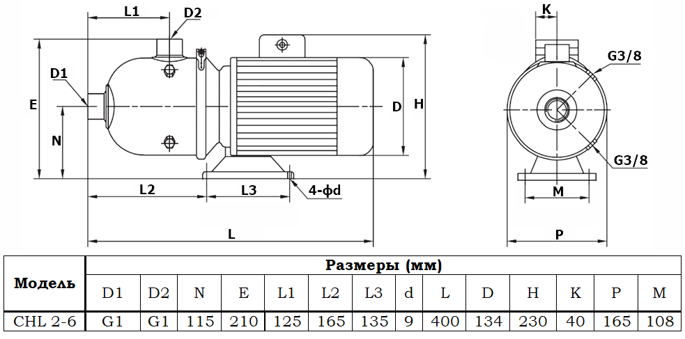 Габаритный чертеж модели Zenova CHL 2-6 v.220