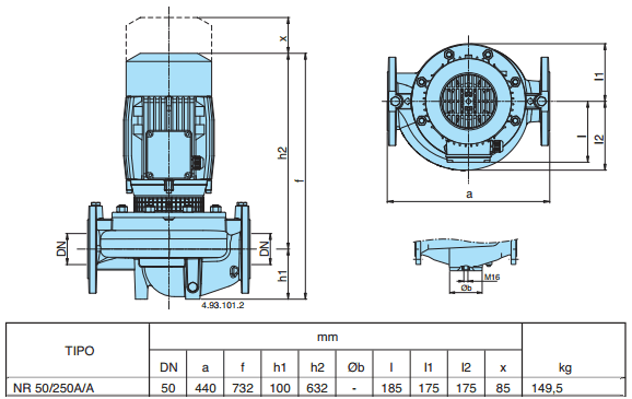 Габаритный чертеж насоса Calpeda NR 50/250A/A