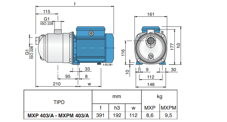 Габаритный чертеж насоса Calpeda MXP 403/A