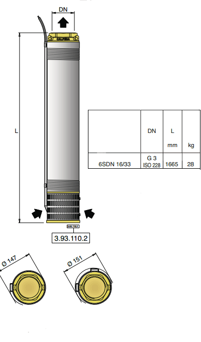 Габаритный чертеж насоса Calpeda 6SDN 16/33