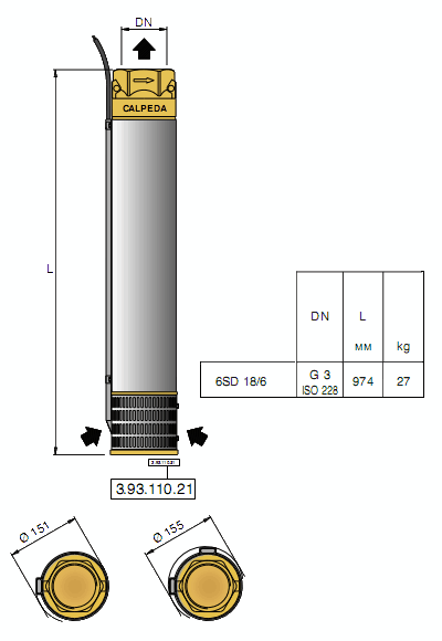 Габаритный чертеж насоса Calpeda 6SD 18/6