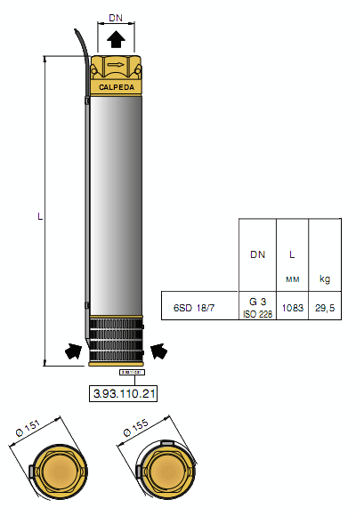 Габаритный чертеж насоса Calpeda 6SD 18/7