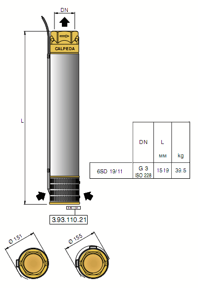 Габаритный чертеж насоса Calpeda 6SD 19/11