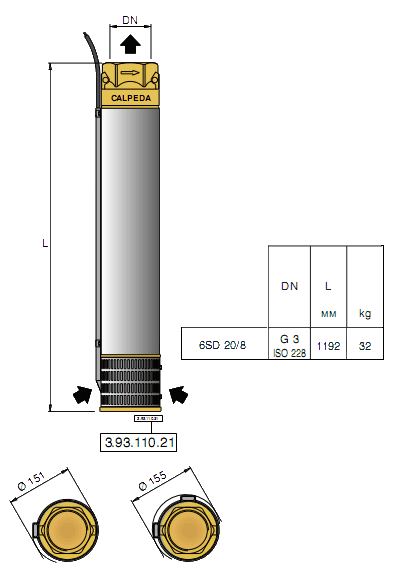 Габаритный чертеж насоса Calpeda 6SD 20/8