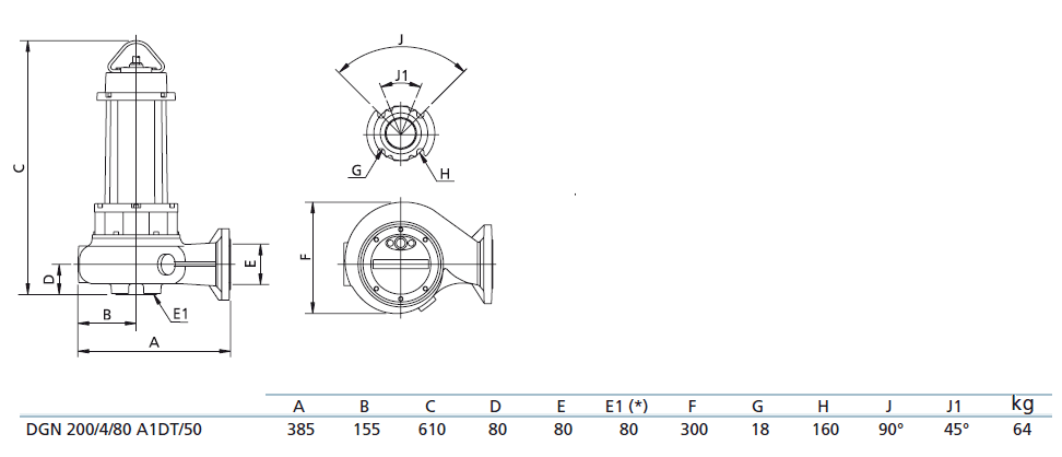 Габаритный чертеж насоса Zenit DGN 200/4/80 A1DT5