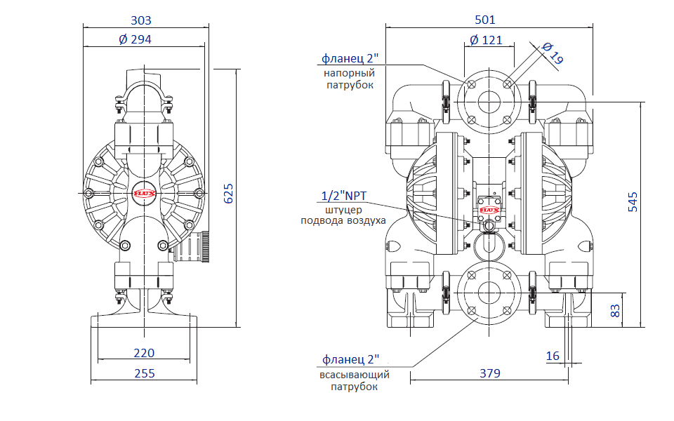 Габаритный чертеж насоса Flux FDM 50, корпус из PP, PVDF