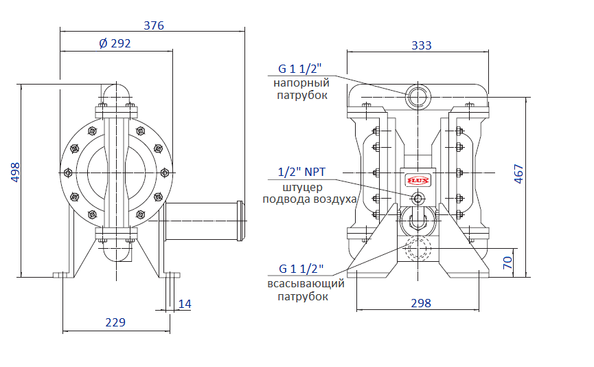 Габаритный чертеж насоса Flux FDM 40, корпус из AL, S, GG
