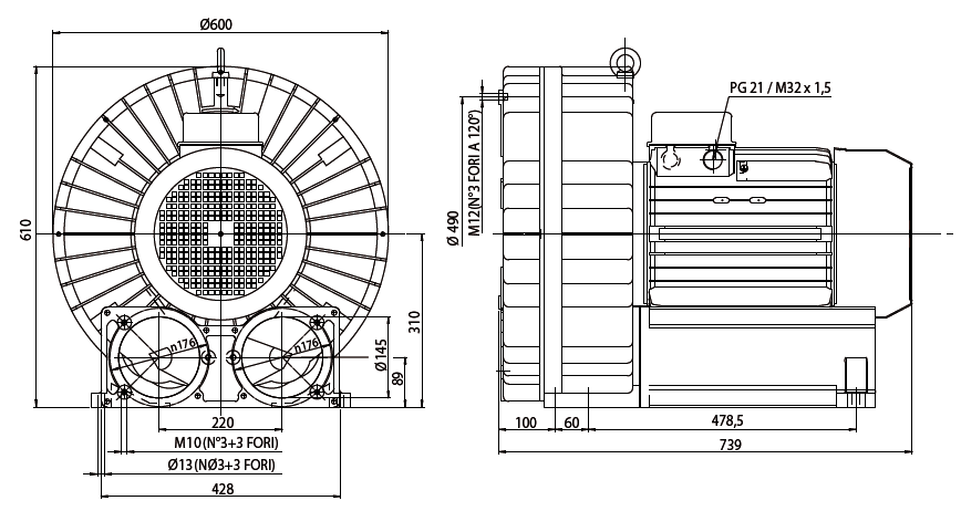 Габаритный чертеж воздуходувки Esam UNIJET 2200