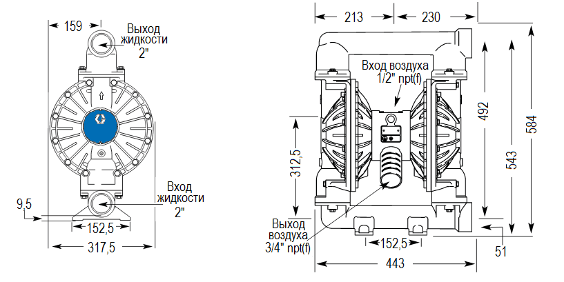 Габаритный чертеж насоса Graco HUSKY 2150-AL-SS-SP-SP