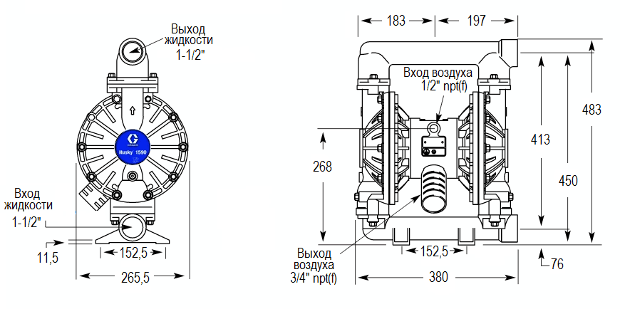 Габаритный чертеж насоса Graco HUSKY 1590-AL-HY-HY-HY