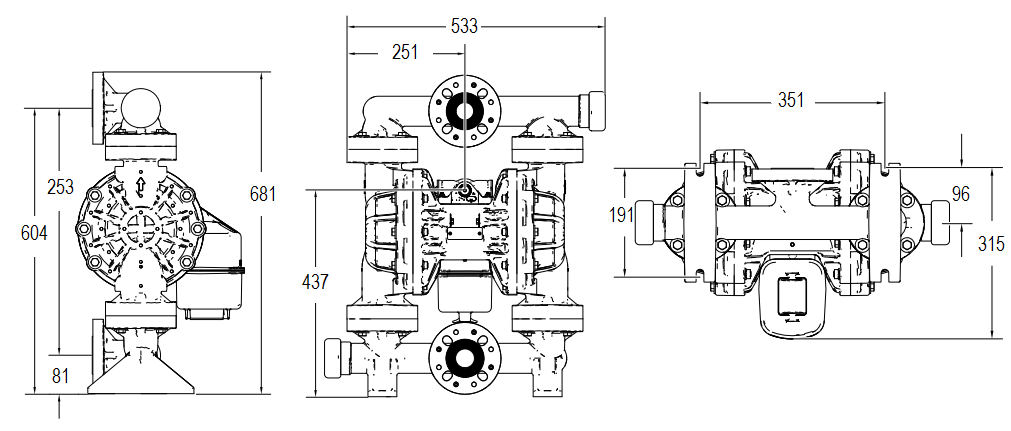 Габаритный чертеж насоса Graco HUSKY 15120P-P01-A-P1-PP-SP-SP-PT