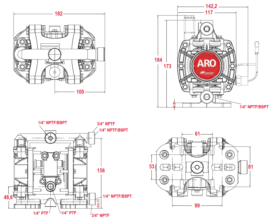 Габаритный чертеж насоса ARO PD01P-HPS-PTT-A