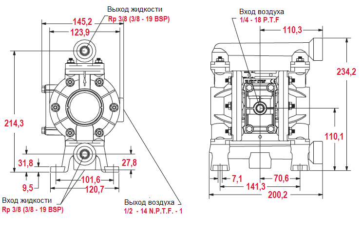 Габаритный чертеж насоса ARO PD03P-BRS-PTT