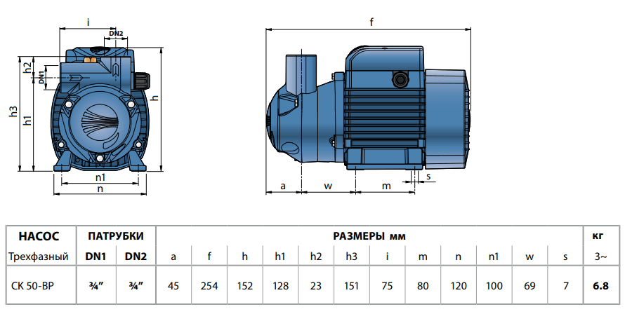 Габаритный чертеж насоса Pedrollo CK 50-BP