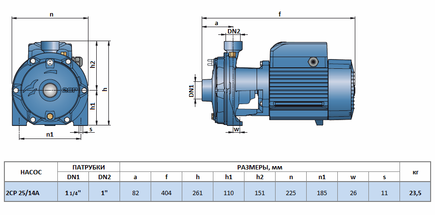 Габаритный чертеж насоса Pedrollo 2CP 25/14A