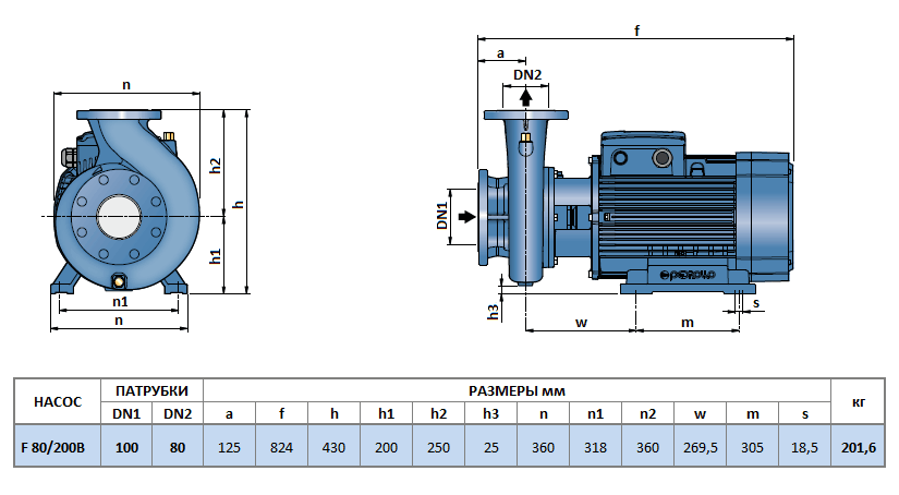 Габаритный чертеж насоса Pedrollo F 80/200B